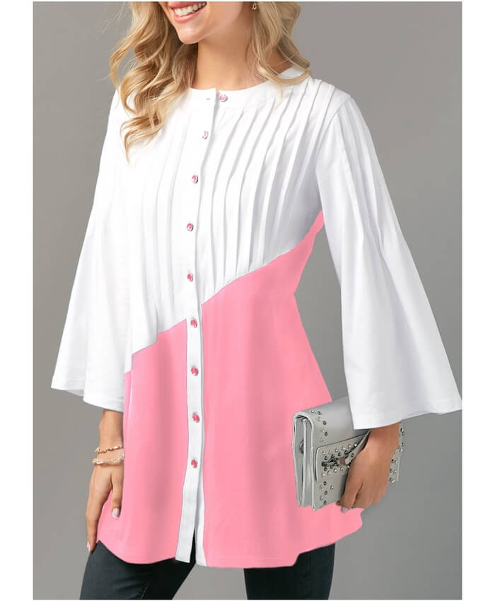 Three Quarter Sleeve Button Up Pink Pleated Blouse